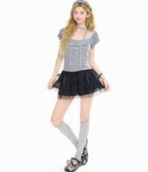 Square Neck Polka Dot Embroidered Puff Sleeve Top