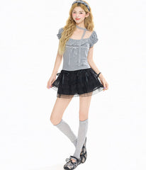 Square Neck Polka Dot Embroidered Puff Sleeve Top