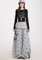 Star Print Wide Leg Layered Look Casual Sweatpants
