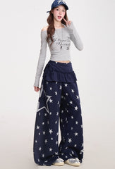 Star Print Wide Leg Layered Look Casual Sweatpants