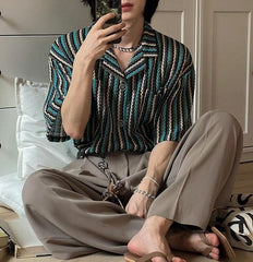 Striped Casual Short Sleeve Cuban Collar Shirt