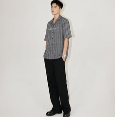 Striped Cuban Collar Embroidered Shirt