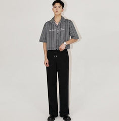 Striped Cuban Collar Embroidered Shirt