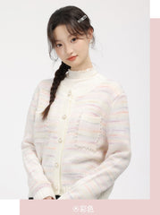 Pink Striped Knit Cardigan With Button Closure And Pockets