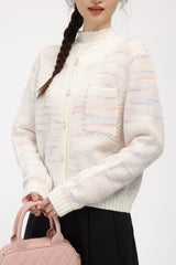 Pink Striped Knit Cardigan With Button Closure And Pockets