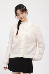 Pink Striped Knit Cardigan With Button Closure And Pockets