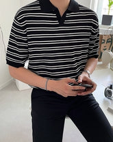 Striped Knit Polo Shirt Vintage Style
