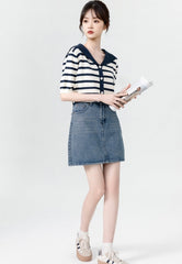 Striped Knit Short Sleeve Cardigan Top