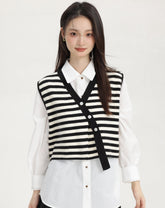 Black Stripe Knitted Vest With Asymmetrical Buttons