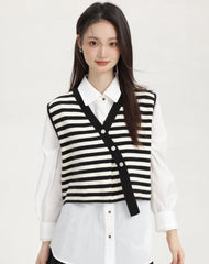 Black Stripe Knitted Vest With Asymmetrical Buttons