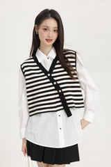 Black Stripe Knitted Vest With Asymmetrical Buttons