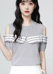 Striped Off Shoulder Knit Short Sleeve Top Gray