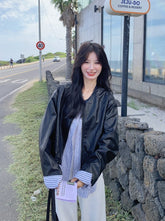 Striped Patchwork Faux Leather Jacket With Chic Design