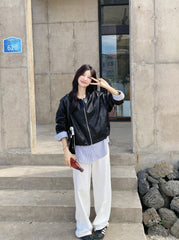 Striped Patchwork Faux Leather Jacket With Chic Design