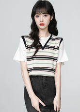 Striped Patchwork Short Sleeve Casual College Style Top