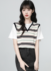 Striped Patchwork Short Sleeve Casual College Style Top