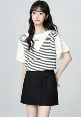 Striped Patchwork Short Sleeve Casual T Shirt