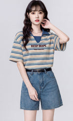 Striped Polo Neck Short Sleeve Top