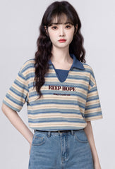 Striped Polo Neck Short Sleeve Top
