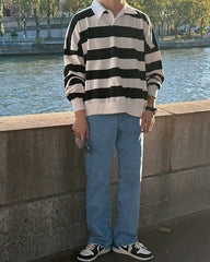 Striped Polo Sweatshirt Classic Pullover Fashion