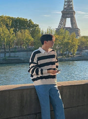Striped Polo Sweatshirt Classic Pullover Fashion
