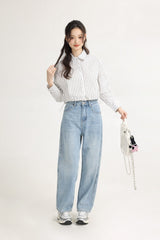 White Vertical Striped Collared Long Sleeve Shirt