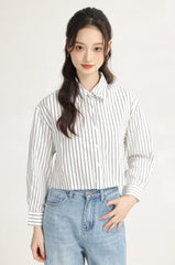 White Vertical Striped Collared Long Sleeve Shirt