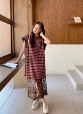 Striped T Shirt Dress With Lace Mesh Skirt Set