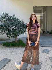 Striped T Shirt Dress With Lace Mesh Skirt Set