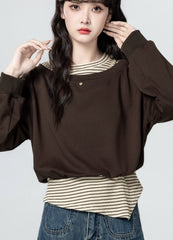 Striped Vest Layered Pullover Sweatshirt Brown