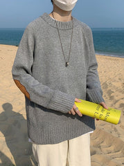 Grey Elbow-Patch Knit Sweater