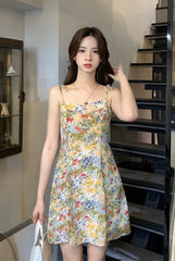 Green Oil Painting Design Floral Sling Dress