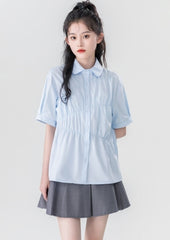 Summer Blue Pleated Polo Collar Short Sleeve Shirt