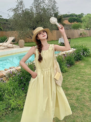 Sweet Yellow Casual French Style Long Dress