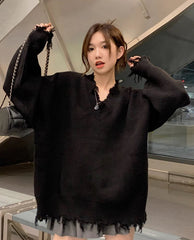 Black Raw Edge Distressed Sweater