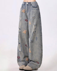 Trendy Bear Embroidered Distressed Wide Leg Denim Pants