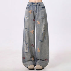Trendy Bear Embroidered Distressed Wide Leg Denim Pants