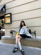 Trendy Gray Off Shoulder Long Sleeve Sweatshirt Jacket