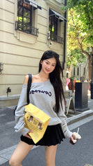 Trendy Gray Off Shoulder Long Sleeve Sweatshirt Jacket