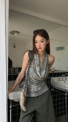 Trendy Halter Neck Backless Cowl Tank Top