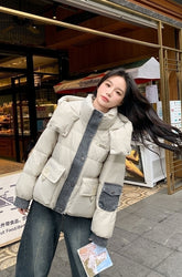 Trendy Short Puffer Jacket Denim Patchwork Warm Outerwear