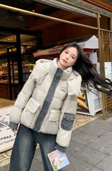 Trendy Short Puffer Jacket Denim Patchwork Warm Outerwear