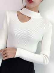 White Collarbone Cut Ribbed Sweater