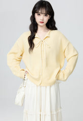 V Neck Knit Cardigan Light Yellow Tie Front Sweater