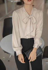 Beige Chiffon Bow Tie Blouse
