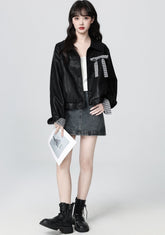 Vintage Black Pu Leather Cropped Jacket With Bow Collar