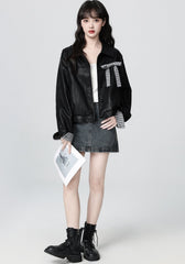 Vintage Black Pu Leather Cropped Jacket With Bow Collar