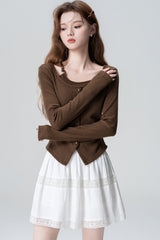 Vintage Brown Knit Sweater Irregular Waist Split Hem