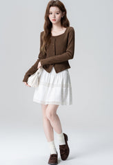 Vintage Brown Knit Sweater Irregular Waist Split Hem