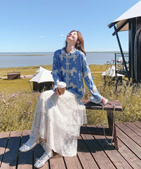 Vintage Butterfly Embroidered Shirt And Skirt Set